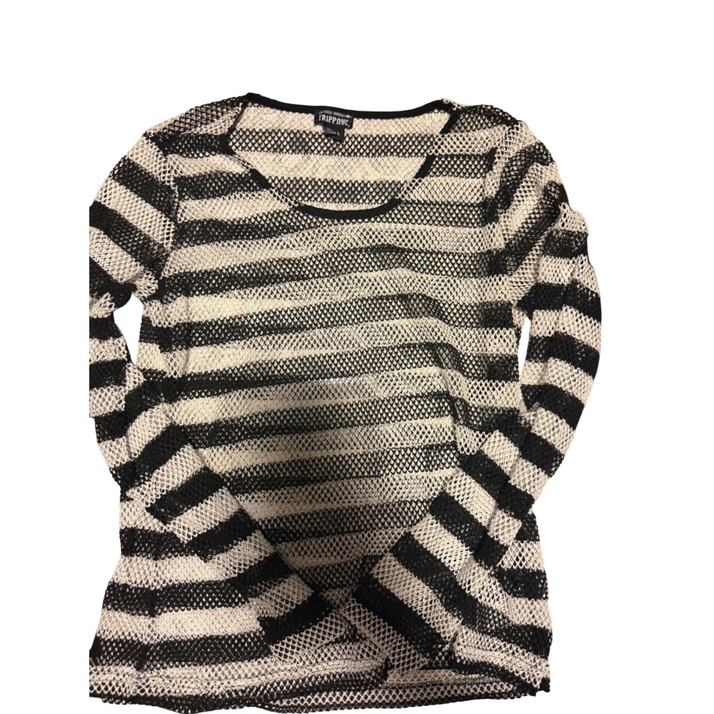 Tripp NYC Black White Striped Mesh Long Sleeve Top Grunge Punk Goth L